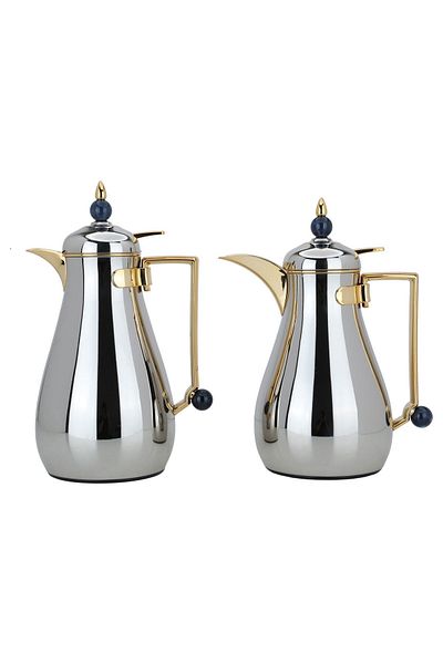 Alsaif Gallery Silver And Gold Crystal Thermos Set With Blue Acrylic Ball Topper
