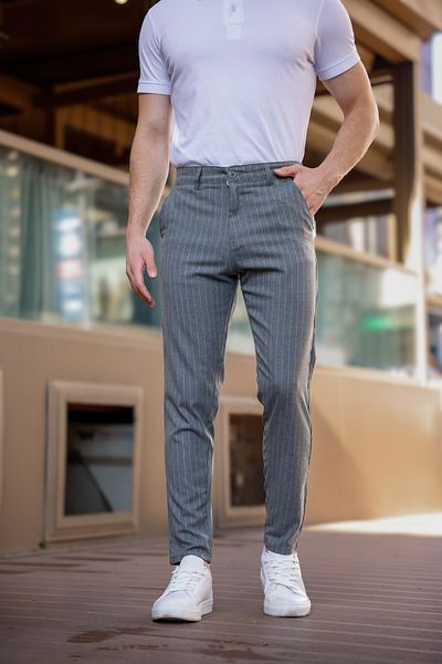 MODAMESTO Men's Smoked Slim Fit Striped Fabric Trousers