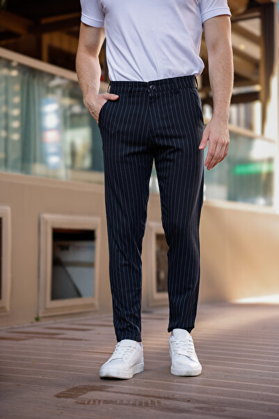 MODAMESTO Erkek Lacivert Çizgili Slim Fit Kumaş Pantolon