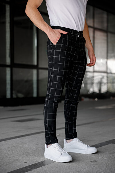 Ser Joven Erkek Siyah Slim Fit Ekoseli Kumaş Pantolon