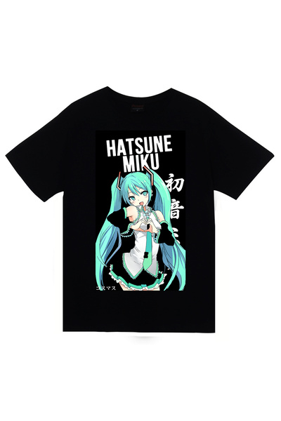 fame-stoned Hatsune Miku Anime Baskılı Unisex %100 Pamuk Siyah T-shirt