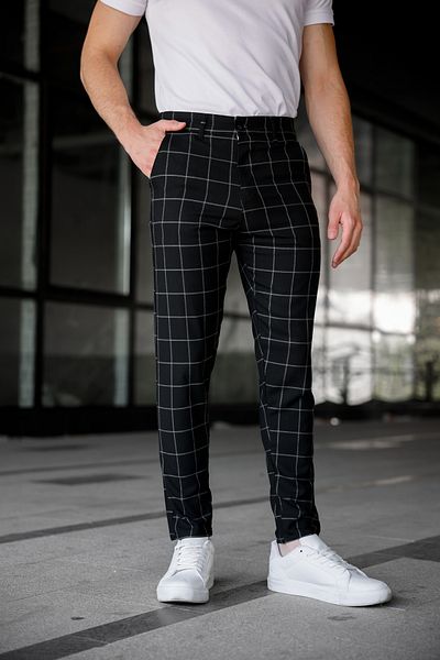 Ser Joven Men's Black Slim Fit Plaid Fabric Trousers
