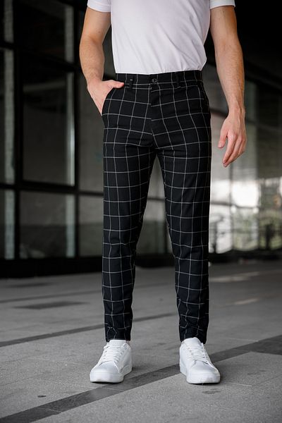 Ser Joven Men's Black Slim Fit Plaid Fabric Trousers