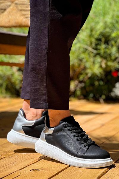 Kuback Kb-x500 Pantofi casual pentru bărbați, cu șireturi, cu talpă înaltă, negru argintiu