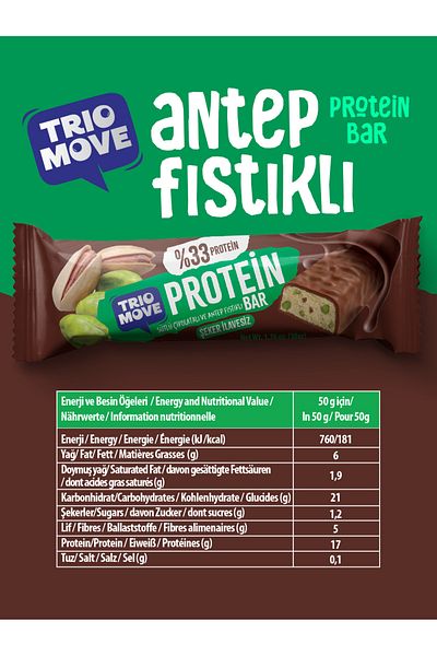 TrioMove Protein Bar - Pistachio and Milk Chocolate, 33% Protein, 50 g X 9 Units