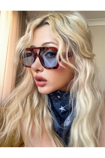 Angel Eyes Rectangular Design Leopard Frame Blue Glass Women Sunglasses Vehla