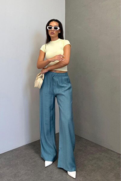 Madmext Petrol Mavisi Geniş Paça Kadın Pantolon MG1982