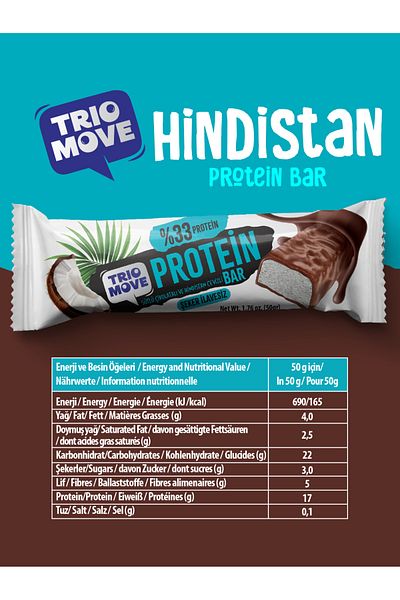 TrioMove Protein Bar - Coconut and Milk Chocolate, 33% Protein, 50 g X 9 Units