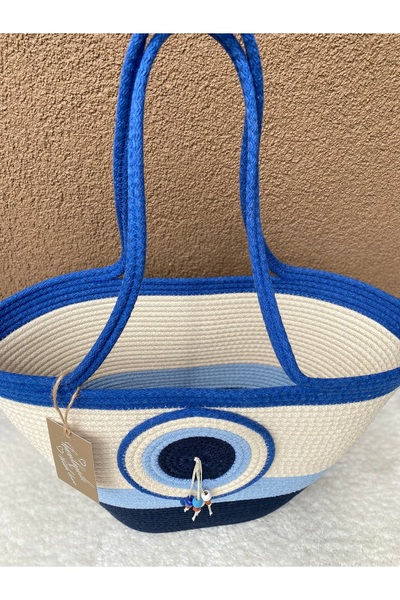ELÇİÇEK HOME Χειροποίητη ψάθινη τσάντα, τσάντα παραλίας, τσάντα με χάντρες