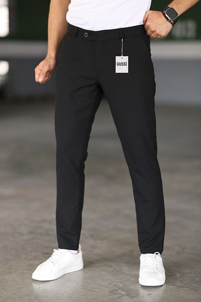Gussi Men's Black Color Quality Flexible Lycra Slim Fit Fabric Trousers