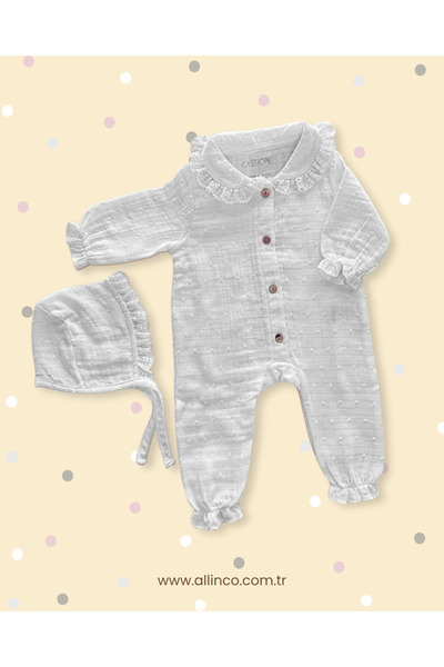 Cassiope Allin'co - Cassiope %100 organik pamuklu Müslin Yenidoğan Bebek Hastane Çıkış Seti Beyaz