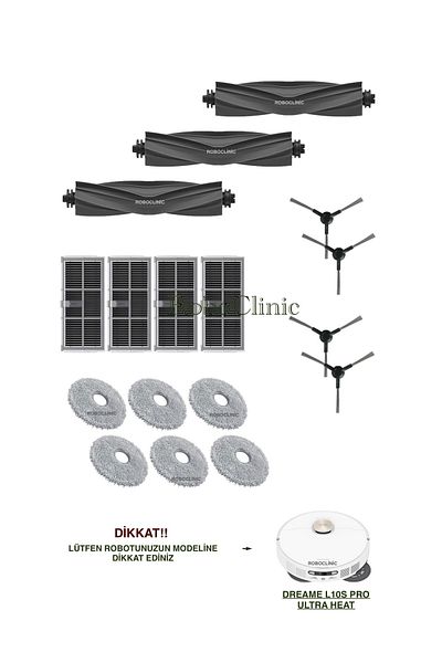 Roboclinic Dreame L10S Pro Ultra Heat Robot Vacuum Cleaner Compatible Main Brush, Side Brush, Hepa Filter, Mop Set-17 Pieces