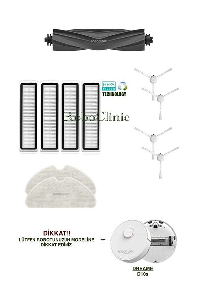 Roboclinic Dreame D10S Compatible Replacement Brush, Hepa Filter, Mop Set-11 Pieces