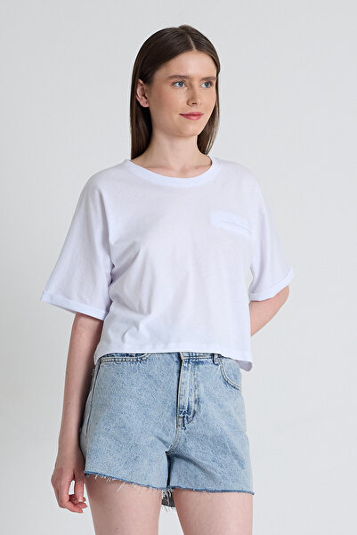 Rays Tricou crop alb cu decolteu cu buzunar 2136M