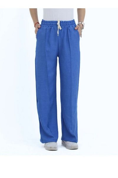 Modabenna Women's Linen Blend Trousers Loose Cut Casual Loose Lawn Elastic Waist Lace up