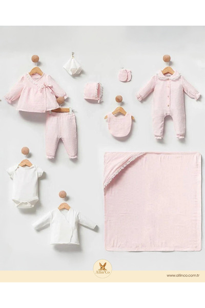 Cassiope Allin'co -Cassiope %100 organik pamuklu Müslin Yenidoğan Kız Bebek Hastane Çıkış Seti Pembe