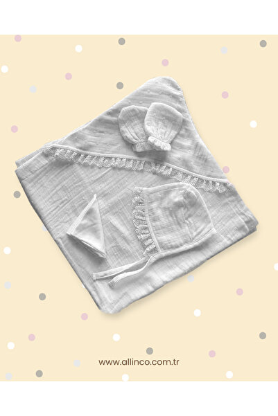 Cassiope Allin'co - Cassiope %100 organik pamuklu Müslin Yenidoğan Bebek Hastane Çıkış Seti Beyaz
