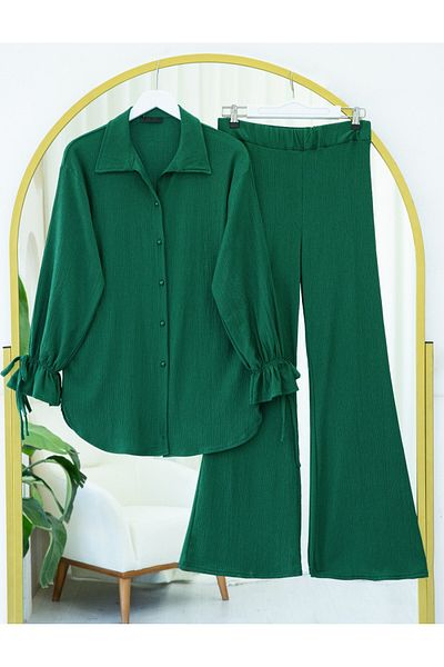 Modamorfo Crinkle Suit with Sleeve Laced Ball Button Trousers - Emerald