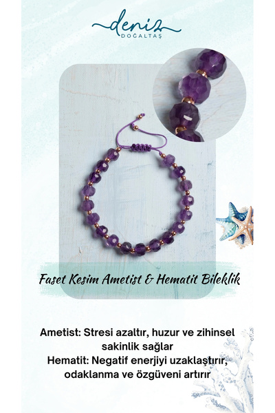 Deniz Doğal Taş Sertifikalı Faset Kesim Ametist & Hematit Bileklik – Zihinsel...