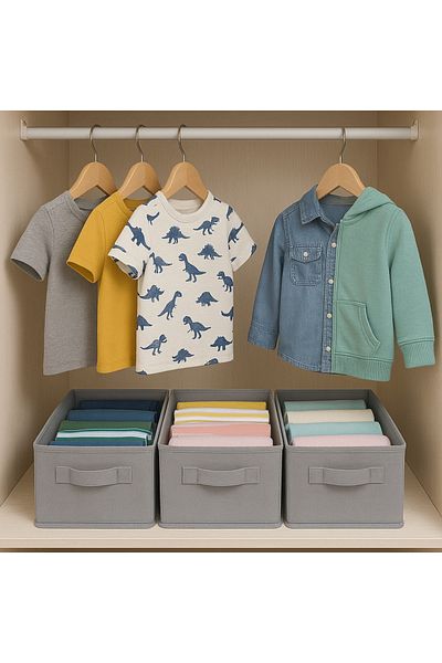 ON-ARS TEKSTİL Gray Closet Interior Organizer Wardrobe Organizer Foldable Clothing Storage Box Organizer 45X25X20