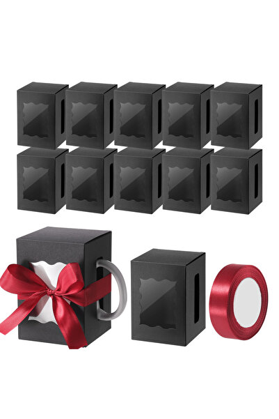 Choice 8.7x8.7x12.5cm black 12Pcs Mug Gifts Boxes with 1 Roll Ribbon, Transparent Gift Packaging Box for Wr