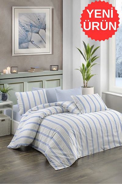 CANDAN ÇEYİZ Set de lenjerie de pat unică din bumbac, albastru natural, cu cearșafuri
