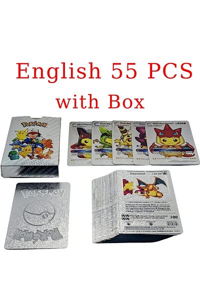 Miniso English 55 Silver 2025 News 55pcs Pokemon Gold Foil Card Vmax Gx Cards English Spanish German Pikach