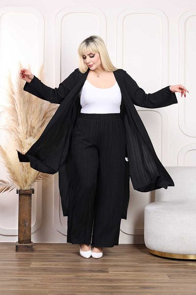vividbutik Black Long Cardigan and Elastic Waist Trousers Set of 2
