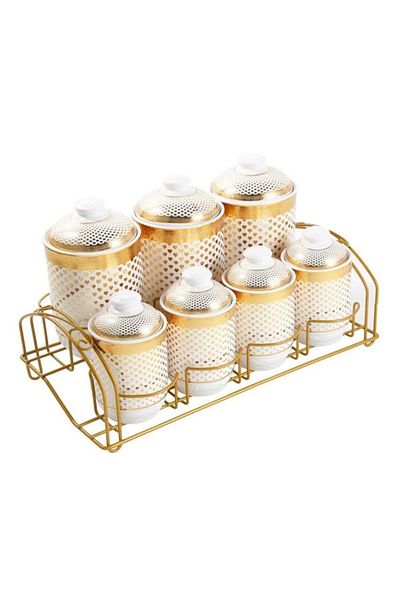 rexa 7-Piece Luxury Porcelain Spice Set – Gold Gilded Versace-Inspired White Storage Jars with Stand