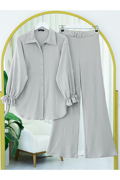 Modamorfo Crinkle Suit with Sleeve Laced Ball Button Trousers - Gray