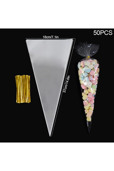 Choice 50pcs L-18x37cm 50pcs Clear Cone Candy Bags Food Snack Packaging Plastic Bag With Ties Wedding Birth