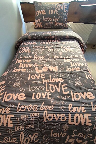CANDAN ÇEYİZ Single Bed Sheets Cotton 2 Lying Sheath Love Printed Duvet Cover Set (Gift Drink)