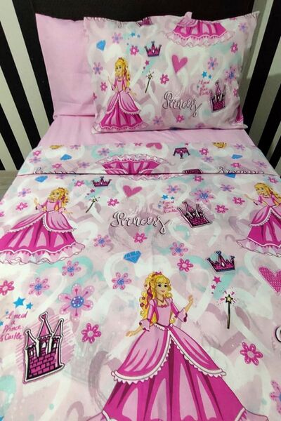 CANDAN ÇEYİZ Cotton Princess Duvet Cover Set with Single Sheet, Elastic Cotton and 2 Pillowcases (with a Gift)
