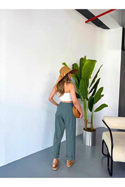 Dechers Women's Large Size High Waist Linen Look 100% Cotton Trousers W206