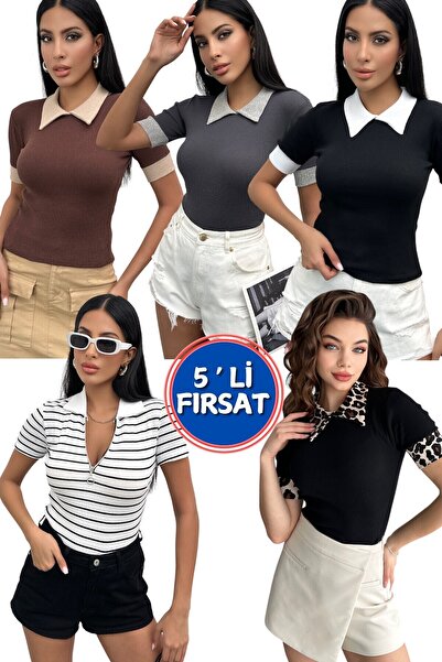 Chicup مجموعة من 5 قطع من بلوزة نسائية محبوكة بياقة بولو