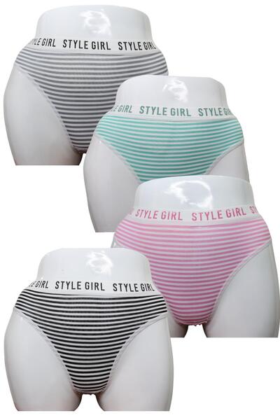 Stil Pamuklu Beli Lastikli Çizgili Kadın Külot 4'lü Paket