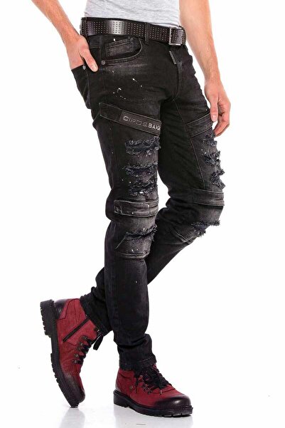 Cipo&Baxx Cd555 Pantaloni negri, rupți, slim, cu velcro, din denim rock