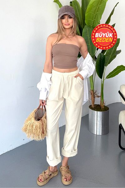 Dechers Women's Large Size High Waist Linen Look 100% Cotton Trousers W206