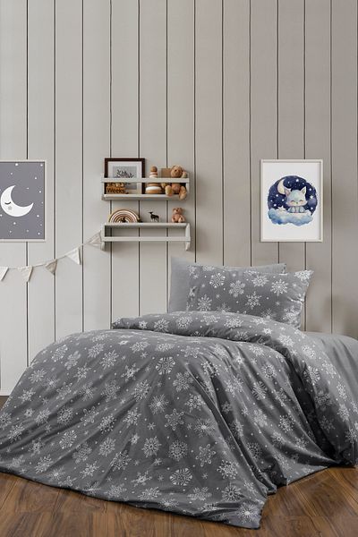 CANDAN ÇEYİZ Single Fitted Cotton Elastic Cotton 2 Pillowcases Young Snow Patterned Winter Gray Duvet Cover Set