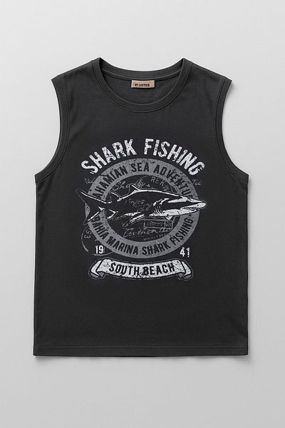 MARKAPIA Ανδρικό 100% βαμβακερό μπλουζάκι με στάμπα Shark με λαιμόκοψη