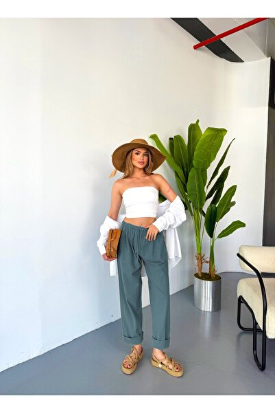 Dechers Women's Large Size High Waist Linen Look 100% Cotton Trousers W206