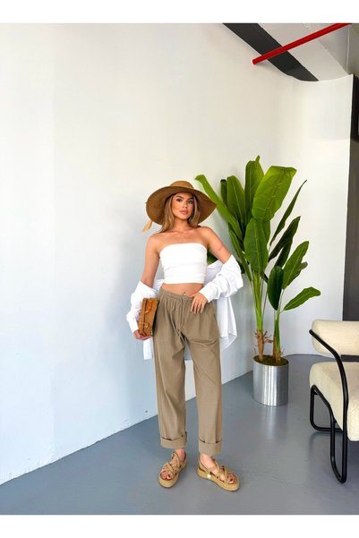 Dechers Women's Plus Size Summer High Waist 100% Cotton Linen Look Pants W206