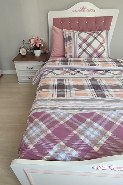CANDAN ÇEYİZ Single Sheet Elastic Cotton Checkered Powder Children's Teenage School Duvet Cover Set (with a Gift)