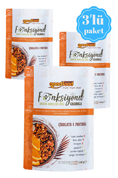 Good Food Emziren Annelere Özel Malt ve 7 Özel Bitki İçeren Granola, 3'lu Paket Çikolata & Portakallı, 3x140 g