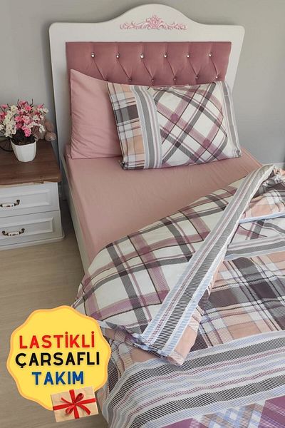 CANDAN ÇEYİZ Single Sheet Elastic Cotton Checkered Powder Children's Teenage School Duvet Cover Set (with a Gift)