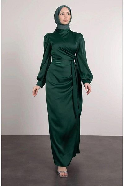 Suedcollection Βραδινό Σατέν Φόρεμα με Πλαϊνή Πέτα Σμαραγδένιο 583236