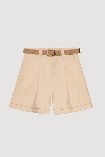 Quzu Mini Shorts with Straw Belt Accessory and Pleat Detail Beige