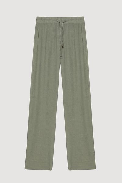 Quzu Elastic Waist Textured Trousers Khaki