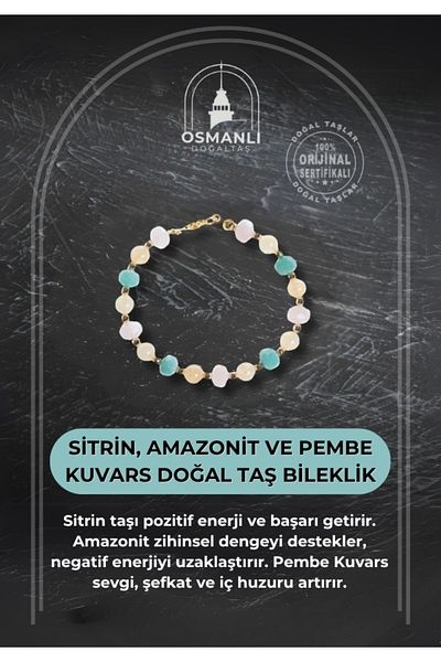 OSMANLI DOĞAL TAŞ Certified Citrine, Amazonite and Pink Quartz Natural Stone Bracelet