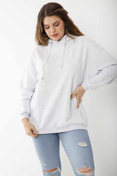 Şans Women's Large Size Gray Ribbed Three Thread Hooded Back Printed Sweatshirt 65N37204
